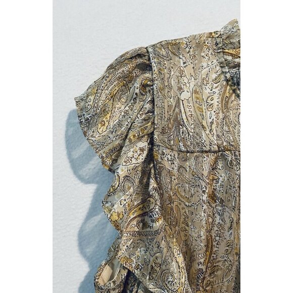 Joie Top Womens Large Beige Paisley Gold Metallic Ruffle Flutter Sleeve Boho - Picture 3 of 8